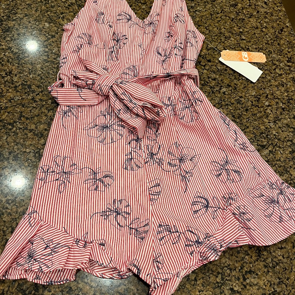 Gianni Bini (GB) Red Striped Romper with Navy Floral Stiching